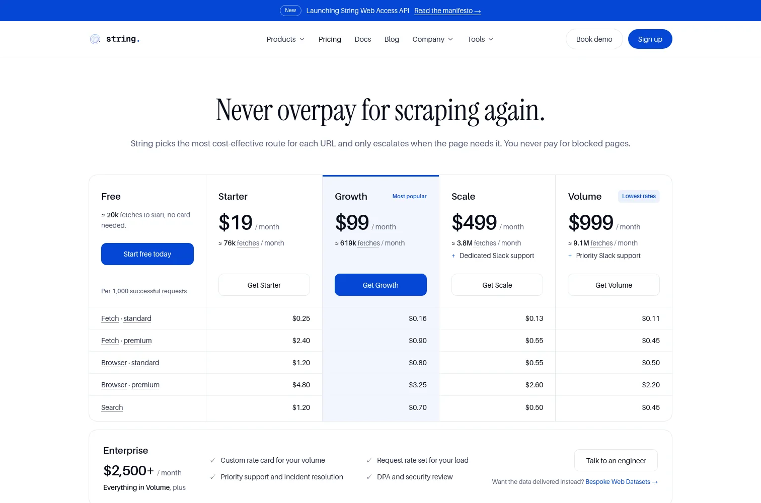 String Web Access API pricing page showing Starter, Growth, Scale and Volume plans with per-1,000 rates for fetch, browser and search
