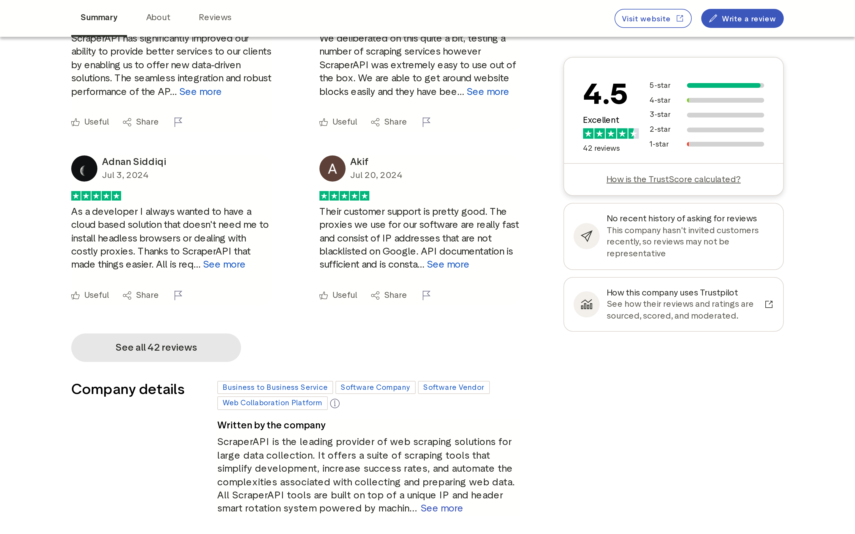 ScraperAPI Trustpilot page showing 4.5 out of 5 from 42 reviews