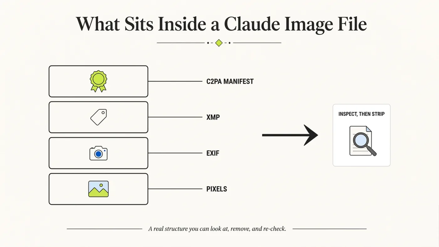 Infographic showing the layers inside a Claude-generated image file: pixels, EXIF, XMP and a C2PA manifest, and the inspect-then-strip step the tool performs