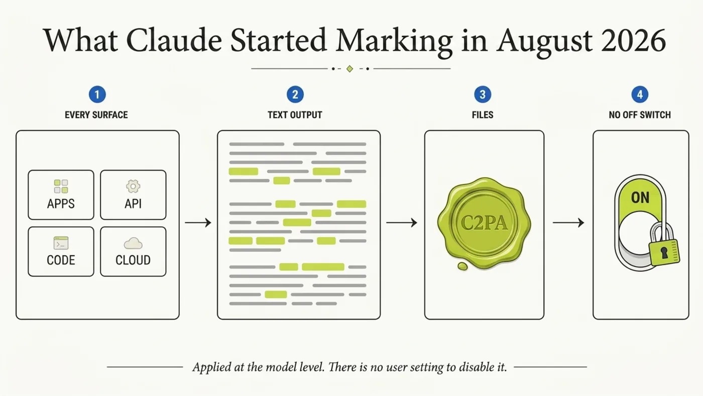 Infographic: Claude applies its watermark at the model level across apps, API, Claude Code and cloud resellers; text output carries highlighted word choices, files carry a C2PA seal, and there is no setting to switch it off