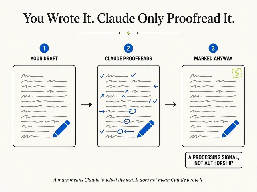 Infographic in three steps: your own draft, Claude proofreading it with correction marks, and the same page coming back marked anyway — a processing signal, not authorship