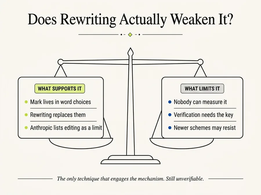 Infographic weighing what supports rewriting as a countermeasure against what limits it: the mark lives in word choices and rewriting replaces them, but nobody outside Anthropic can measure the result