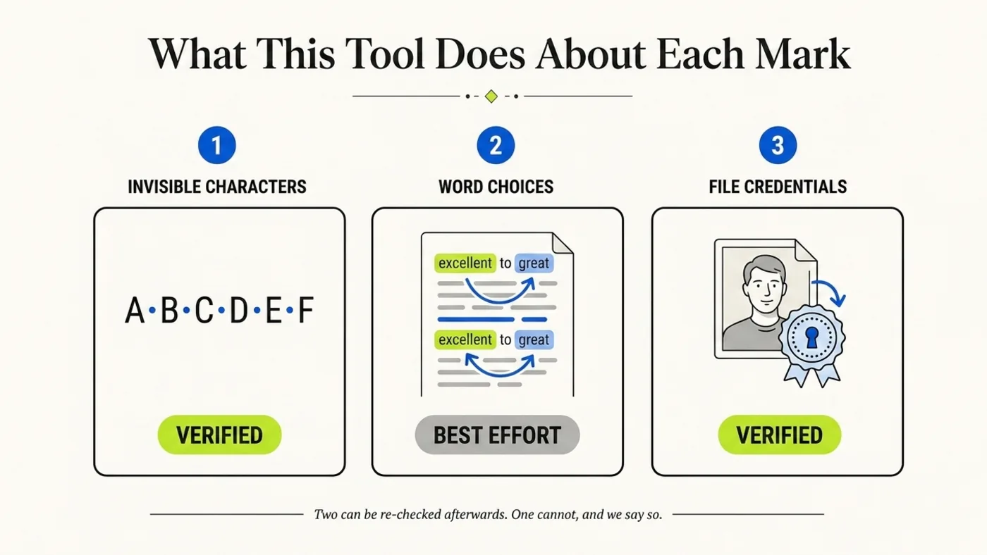 Infographic comparing the three marks: invisible characters marked verified, word choices marked best effort, and file credentials marked verified
