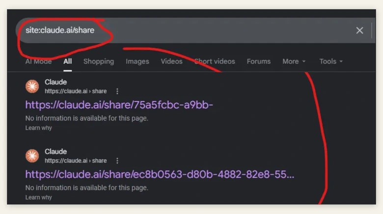 What the conversations looked like in Google before they were removed. Google had the address of each chat and nothing else, because it was never allowed to read the page. **Image Credits:** r/ClaudeAI (u/-void1), cropped by FavTutor