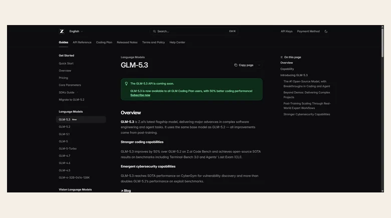 The GLM 5.3 model page. The banner points you at the Coding Plan, because the normal API is not open yet. **Image Credits:** Z.ai