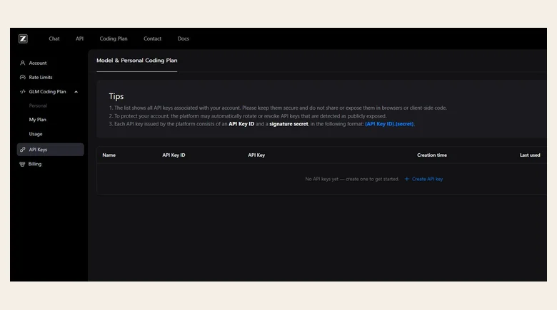 The API Keys page on a fresh account. Your key comes as an ID and a signature secret, joined together by a dot. **Image Credits:** FavTutor