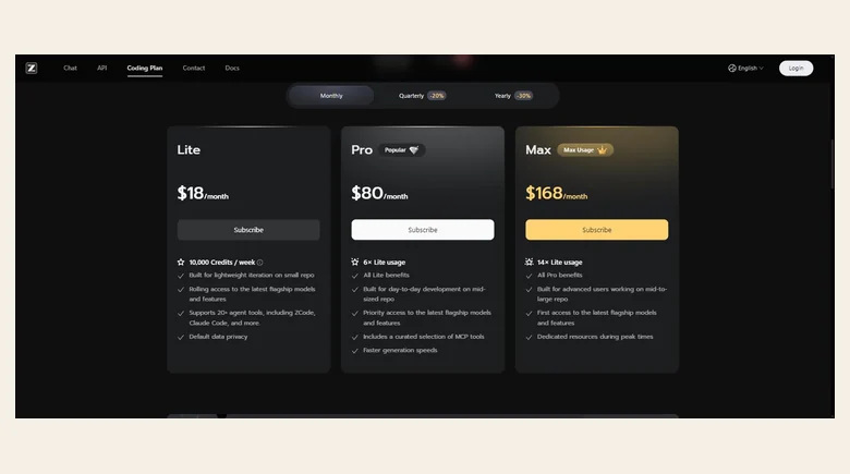 The 3 tiers on monthly billing. The toggle above the cards switches to quarterly for 20% off, or yearly for 30% off. **Image Credits:** Z.ai