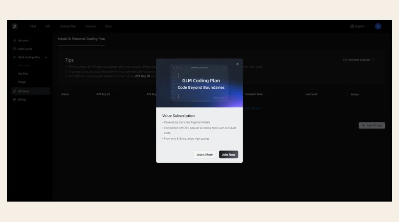 What Add API Key shows you when there is no Coding Plan on the account. Subscribe first, then come back here. **Image Credits:** FavTutor