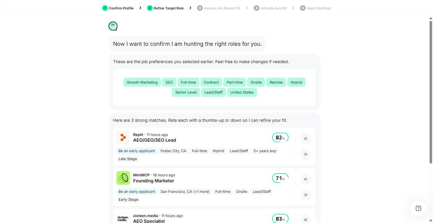 JobRight AI Agent five step setup wizard asking the user to rate three job matches with thumbs up or down