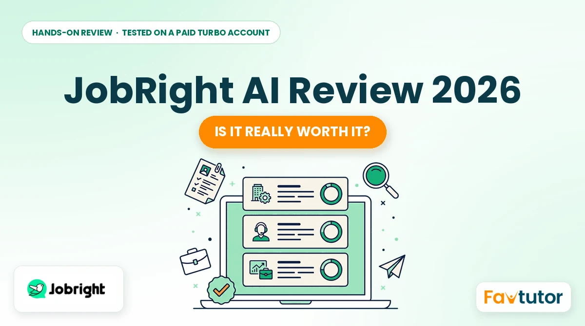 JobRight AI Review 2026 cover: the Jobright logo beside an illustrated laptop showing AI job match cards with percentage match scores