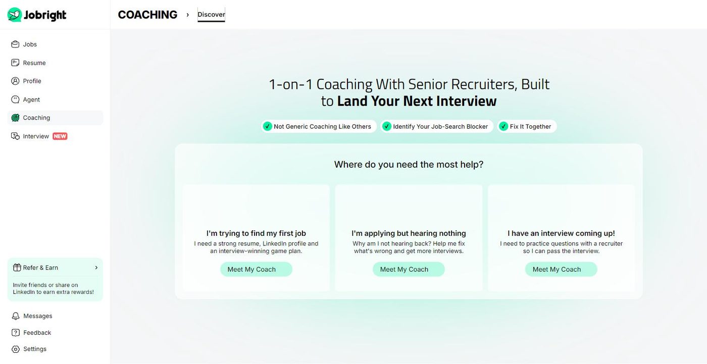JobRight coaching page offering one to one sessions with senior recruiters, sorted by job search problem