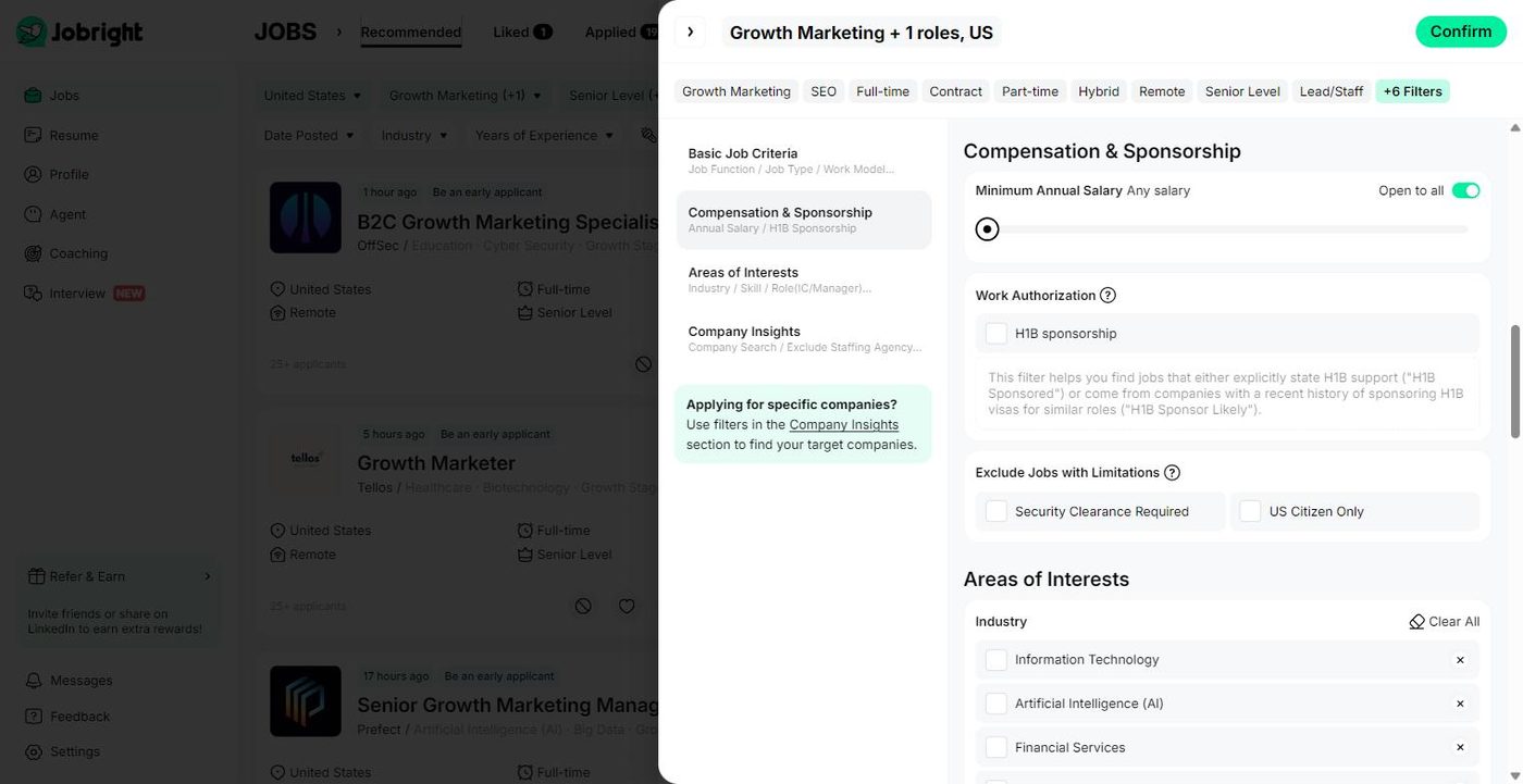 JobRight H1B sponsorship filter under Compensation and Sponsorship, with options to exclude jobs needing security clearance or US citizenship