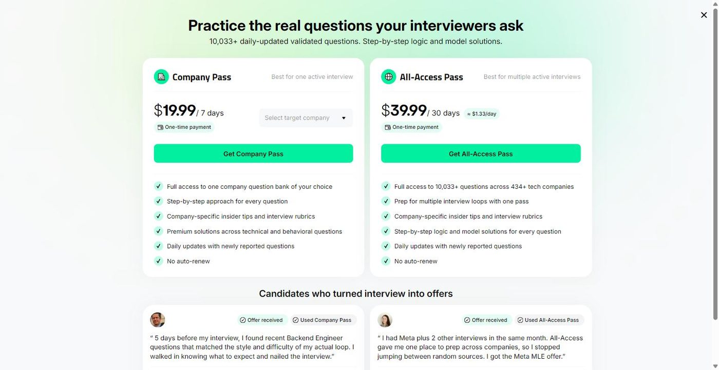 JobRight interview passes pricing showing Company Pass at 19.99 dollars for 7 days and All-Access Pass at 39.99 dollars for 30 days