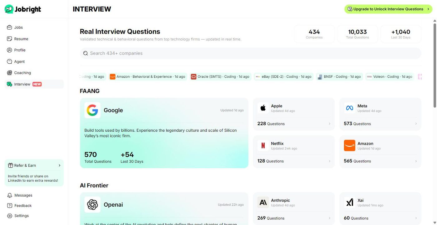 JobRight interview question bank showing 434 companies, 10,033 total questions and per company counts for Google, Apple, Meta, Netflix and Amazon