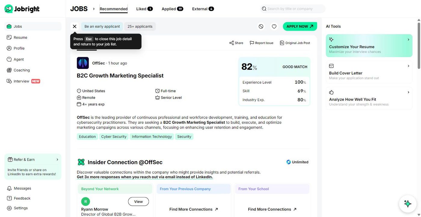 JobRight job detail page showing an 82 percent match broken into experience level, skill and industry experience, with insider connection panel below