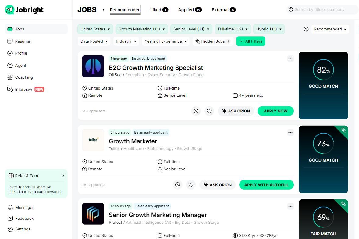 JobRight AI job recommendations dashboard showing match score percentages of 82, 73 and 69 percent on job cards