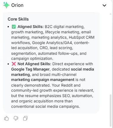Orion AI copilot in JobRight listing aligned skills and not aligned skills for a specific job, referencing the user's actual resume