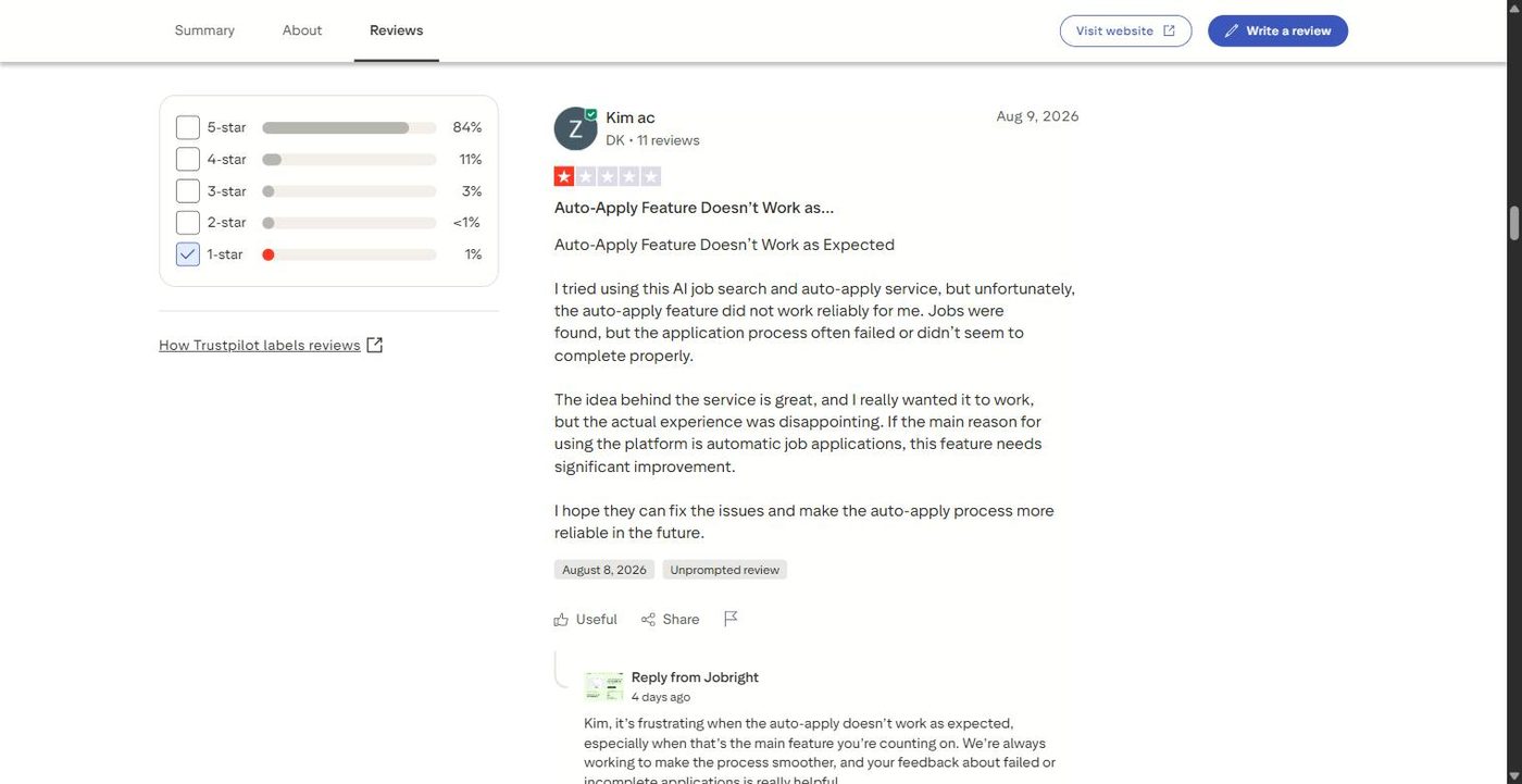 One star Trustpilot review of JobRight titled Auto-Apply Feature Doesn't Work as Expected from August 2026