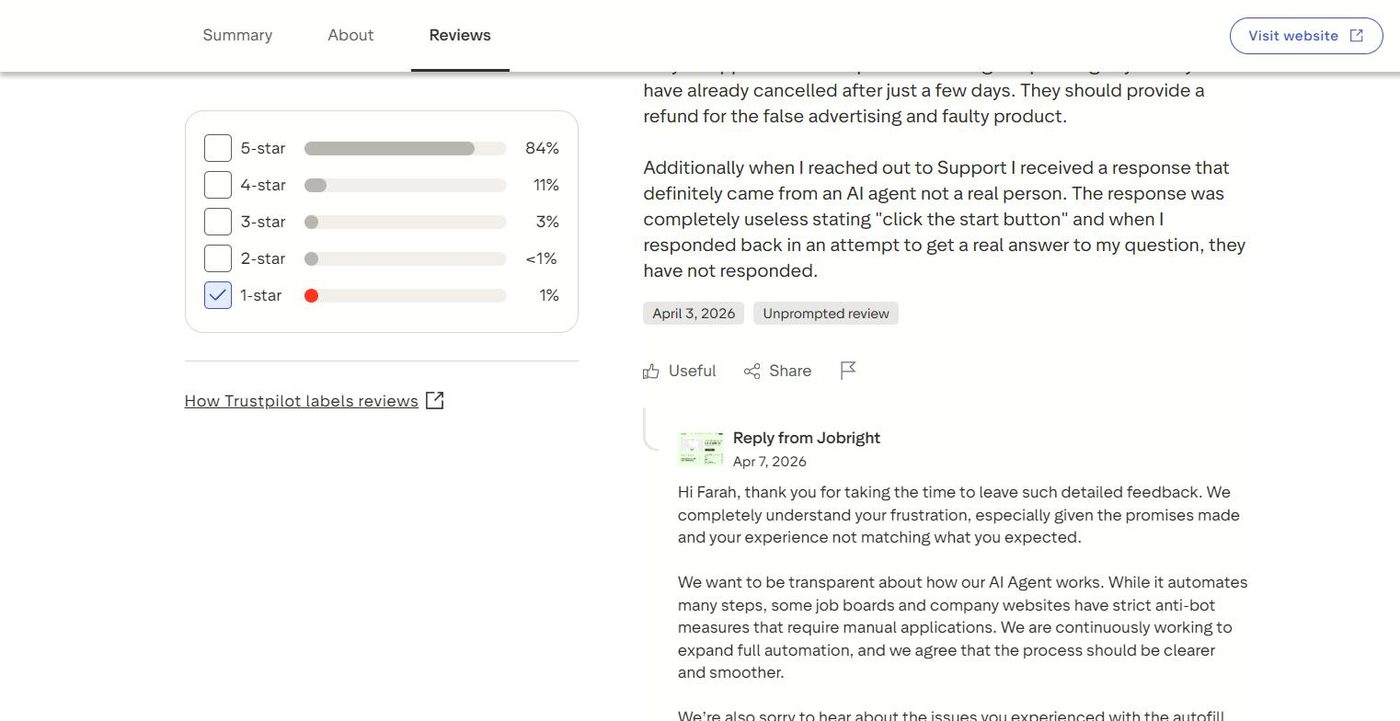 JobRight public reply on Trustpilot admitting some job boards and company websites have strict anti bot measures that require manual applications