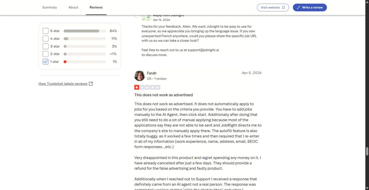 One star Trustpilot review of JobRight titled This does not work as advertised, describing manual applying and buggy autofill