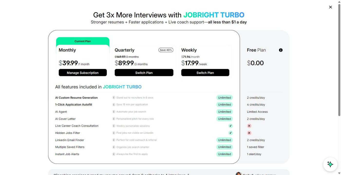JobRight Turbo pricing showing monthly at 39.99 dollars, quarterly at 89.99 dollars and weekly at 17.99 dollars, next to the free plan feature list