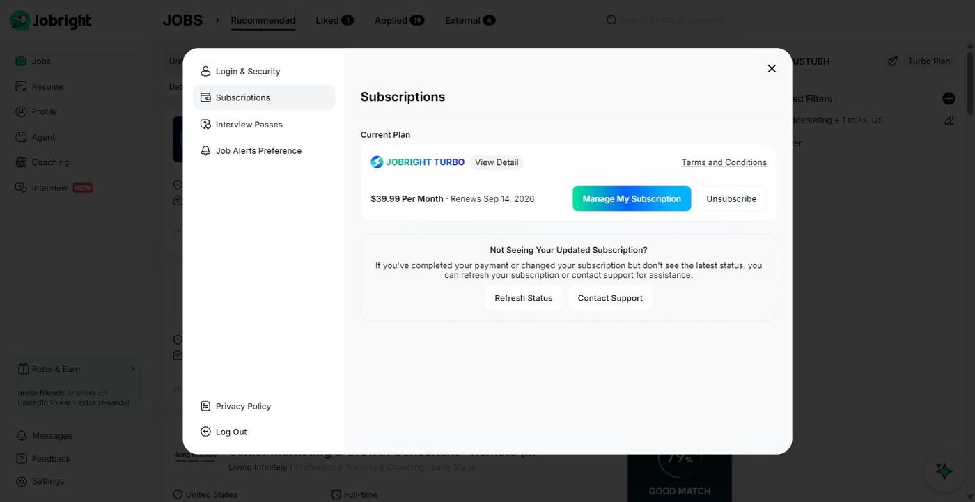 JobRight subscription settings showing Jobright Turbo at 39.99 dollars per month with a visible Unsubscribe button
