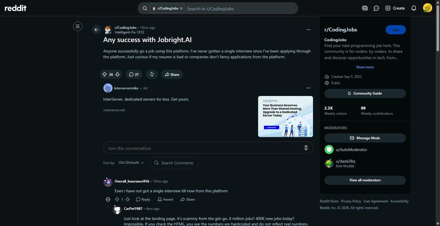 Reddit thread in r/CodingJobs titled Any success with Jobright.AI with 26 votes and 27 comments
