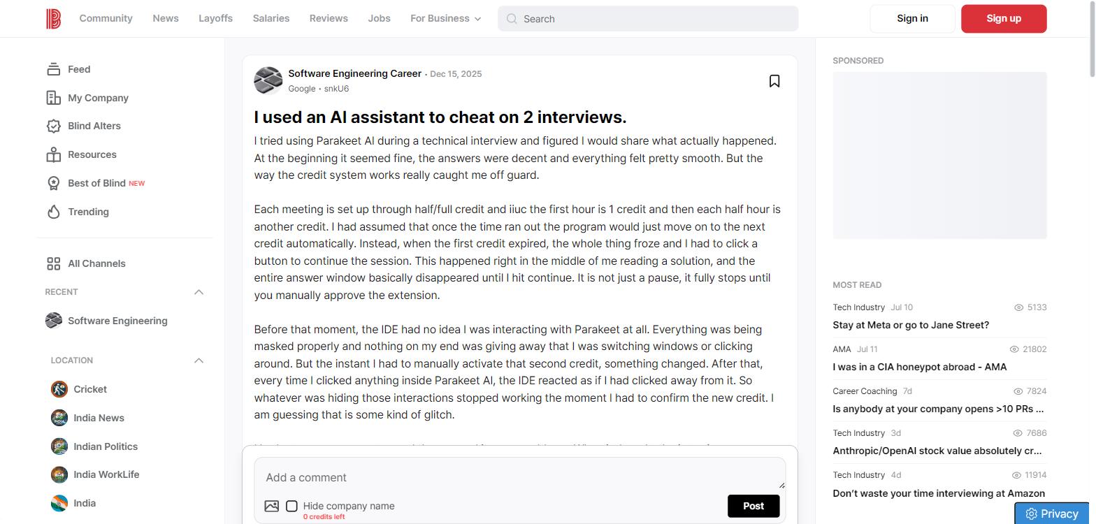 A Blind forum post titled I used an AI assistant to cheat on 2 interviews, describing a real Parakeet AI session