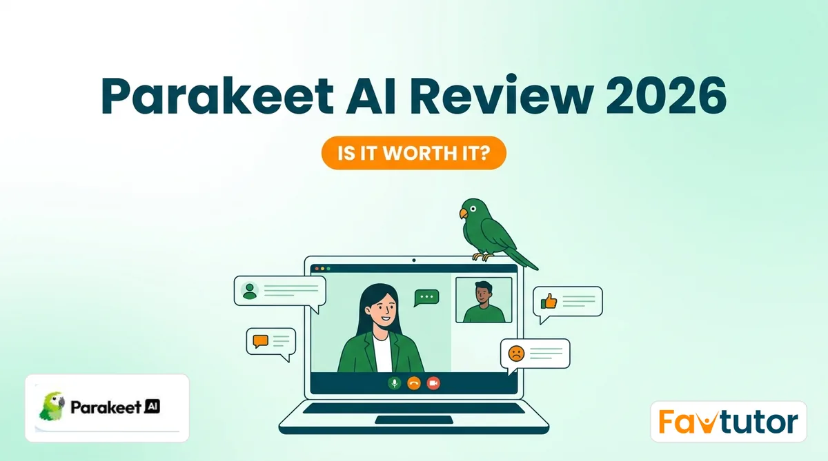 Parakeet AI Review 2026: is it worth it? Illustrated laptop interview scene with the Parakeet AI and FavTutor logos