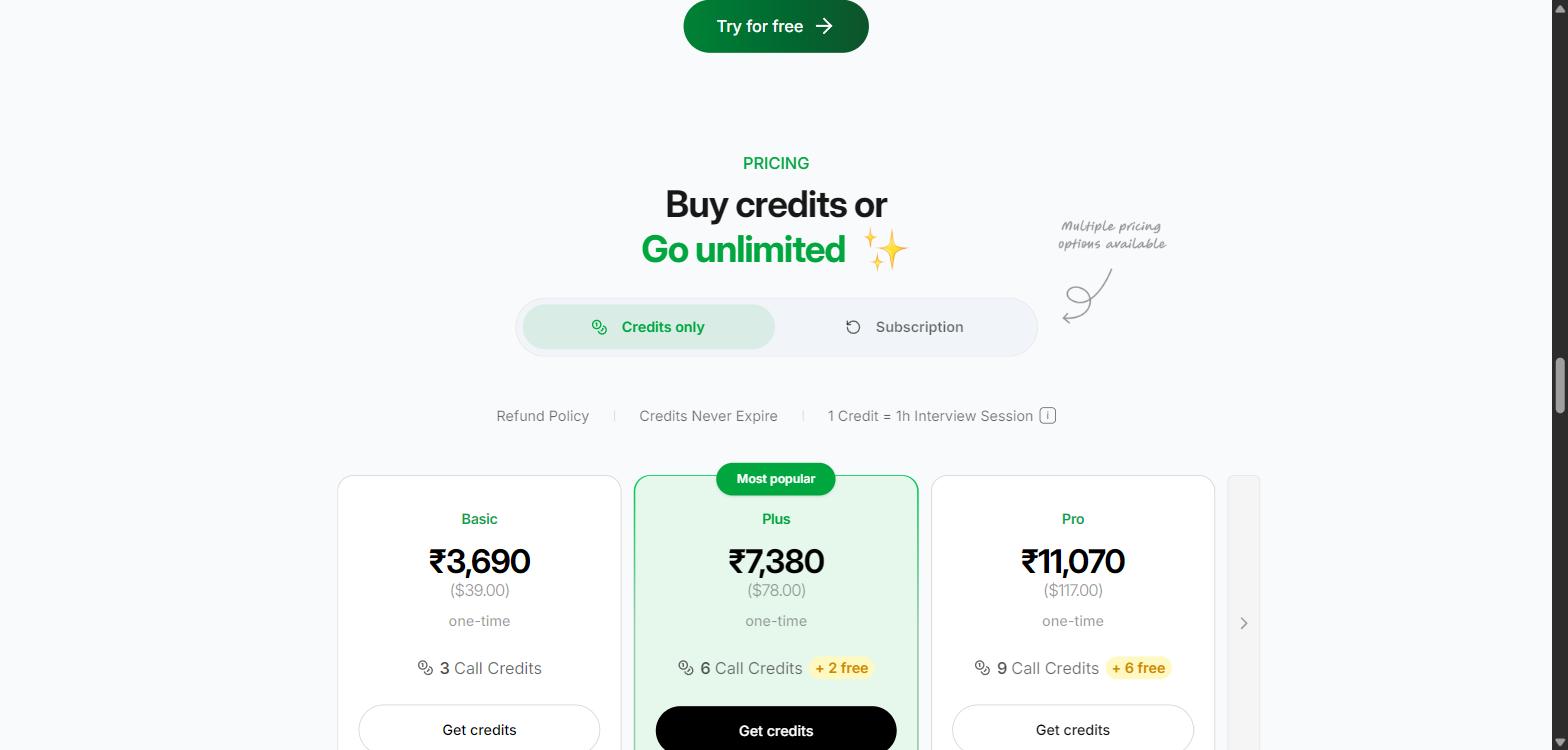 Parakeet AI credit pricing showing Basic at 39 dollars, Plus at 78 dollars, and Pro at 117 dollars