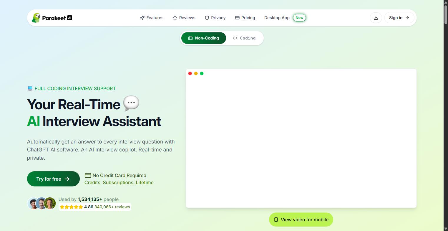 The Parakeet AI homepage, showing its claim to be a real time AI interview assistant