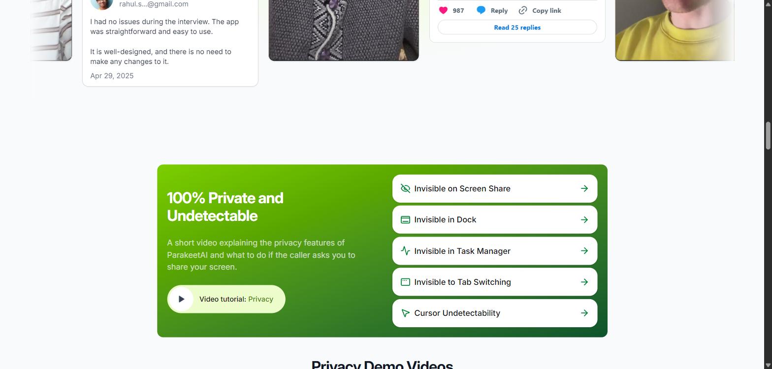 Parakeet AI 100 percent private and undetectable section listing invisible on screen share, dock, and task manager