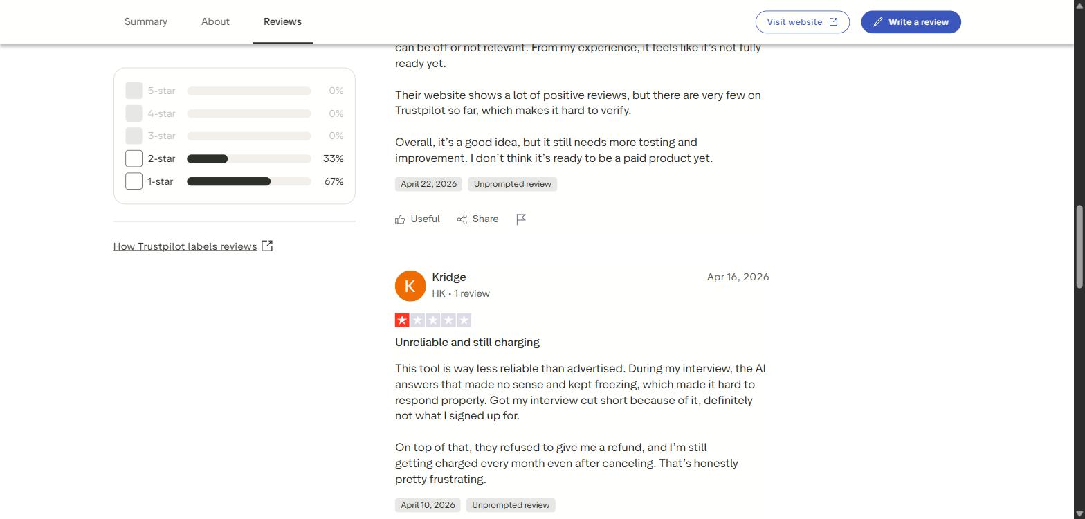A one star Trustpilot review titled Unreliable and still charging, describing frozen answers and a refused refund