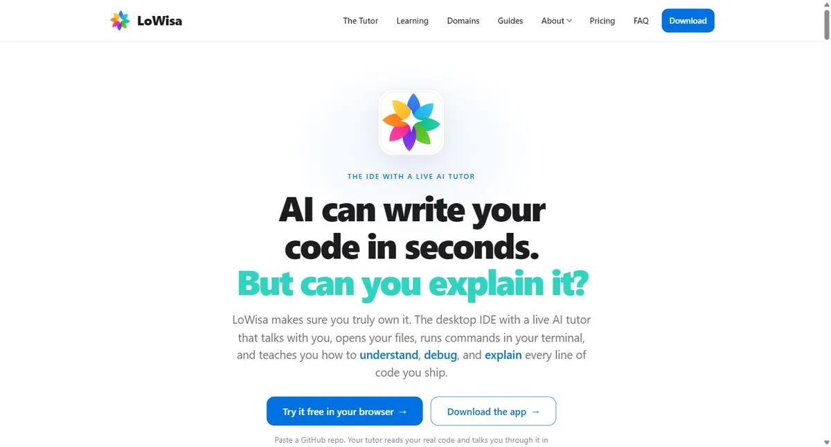 LoWisa homepage showing its live AI tutor for understanding, debugging and explaining code