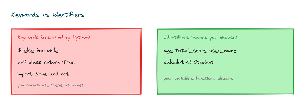 Reserved keywords like if, for, def on one side and user-chosen identifiers like age and total_score on the other