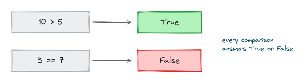 A comparison like 10 greater than 5 going in and the boolean True coming out