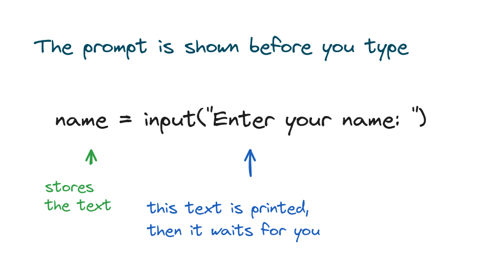 An input call with a prompt string, showing the prompt is printed first and the typed text is stored in the variable