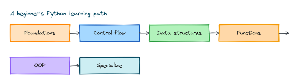 Diagram of a beginner Python learning path from foundations to control flow, data structures, functions, OOP, and specializing