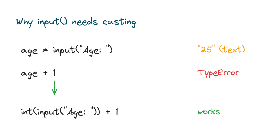 Input returns text, so adding 1 fails until you wrap it in int()