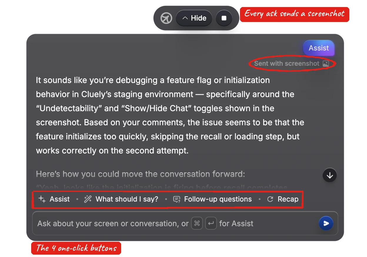 Cluely Assist answer window showing Sent with screenshot label and the Assist, What should I say, Follow-up questions and Recap buttons, marked in red