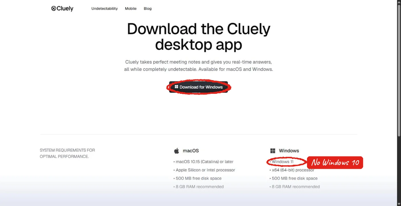 Cluely download page in Chrome on Windows with the Download for Windows button and Windows 11 requirement circled in red