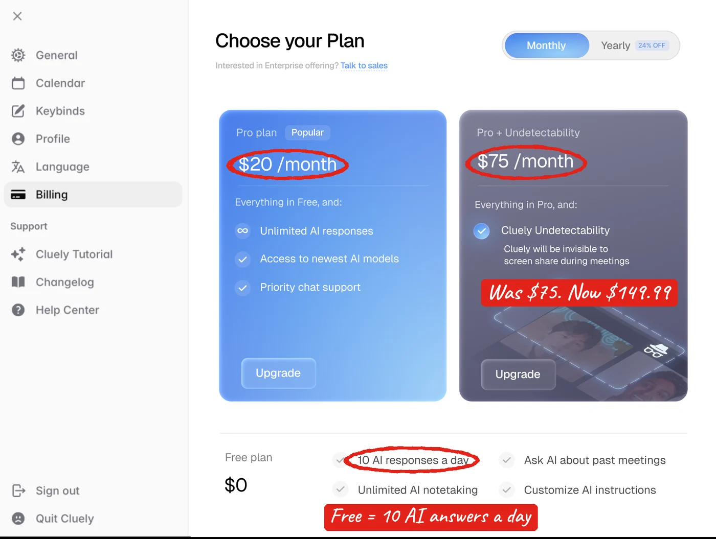 Cluely in-app Choose your Plan screen from late 2025 showing Pro at $20 per month, Pro plus Undetectability at $75 per month and a free plan with 10 AI responses a day