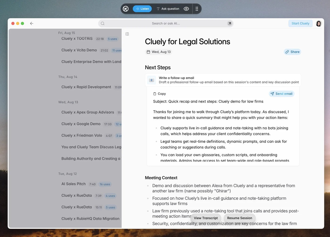 Cluely dashboard showing a saved meeting with Next Steps, a drafted follow-up email and meeting context