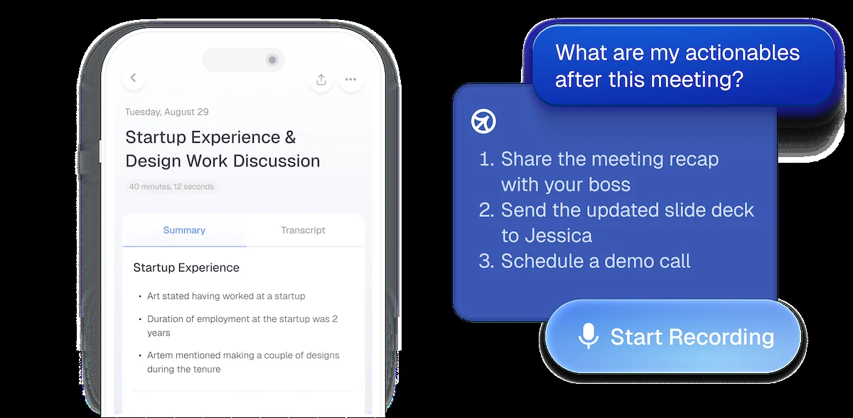 Cluely iPhone app showing a meeting summary and suggested action items