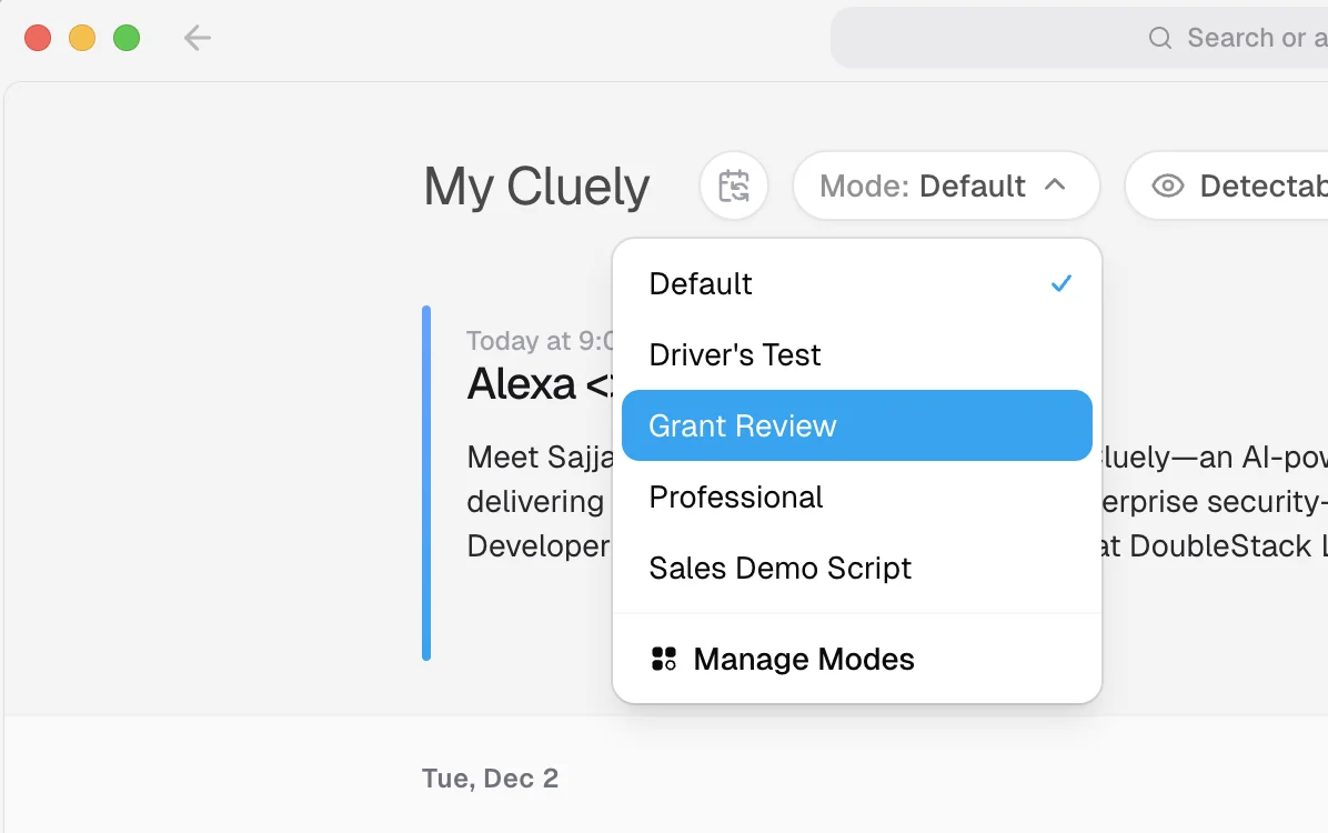 Cluely My Cluely dashboard with the Mode dropdown open showing Default, Driver's Test, Grant Review, Professional and Sales Demo Script