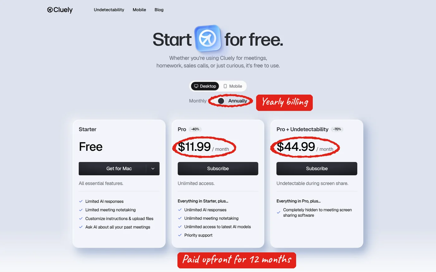 Cluely pricing page with yearly billing: Pro $11.99 per month and Pro plus Undetectability $44.99 per month