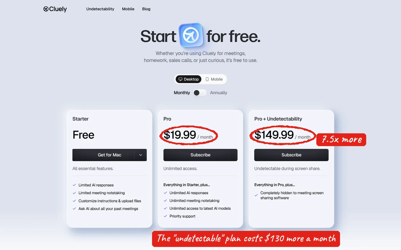 Cluely pricing page with monthly billing: Starter free, Pro $19.99 per month, Pro plus Undetectability $149.99 per month