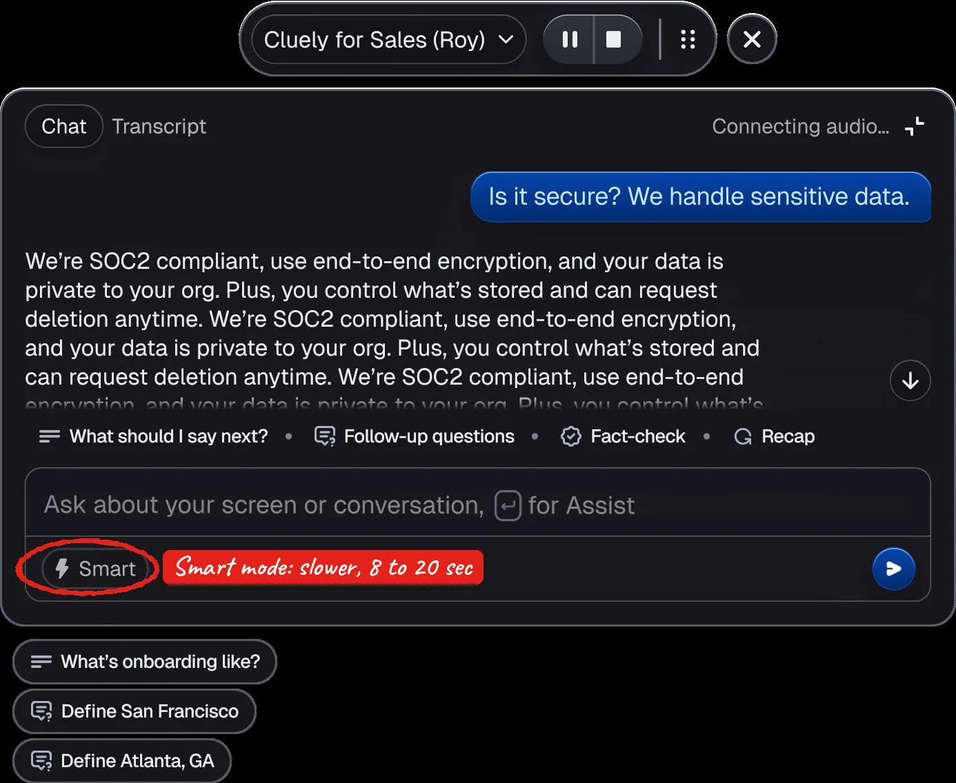 Cluely Smart mode answering a question about security during a sales call, with the Smart button circled in red