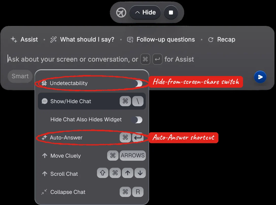 Cluely floating widget with settings menu open showing Undetectability toggle, Show or Hide Chat, Auto-Answer, Move Cluely and Scroll Chat shortcuts